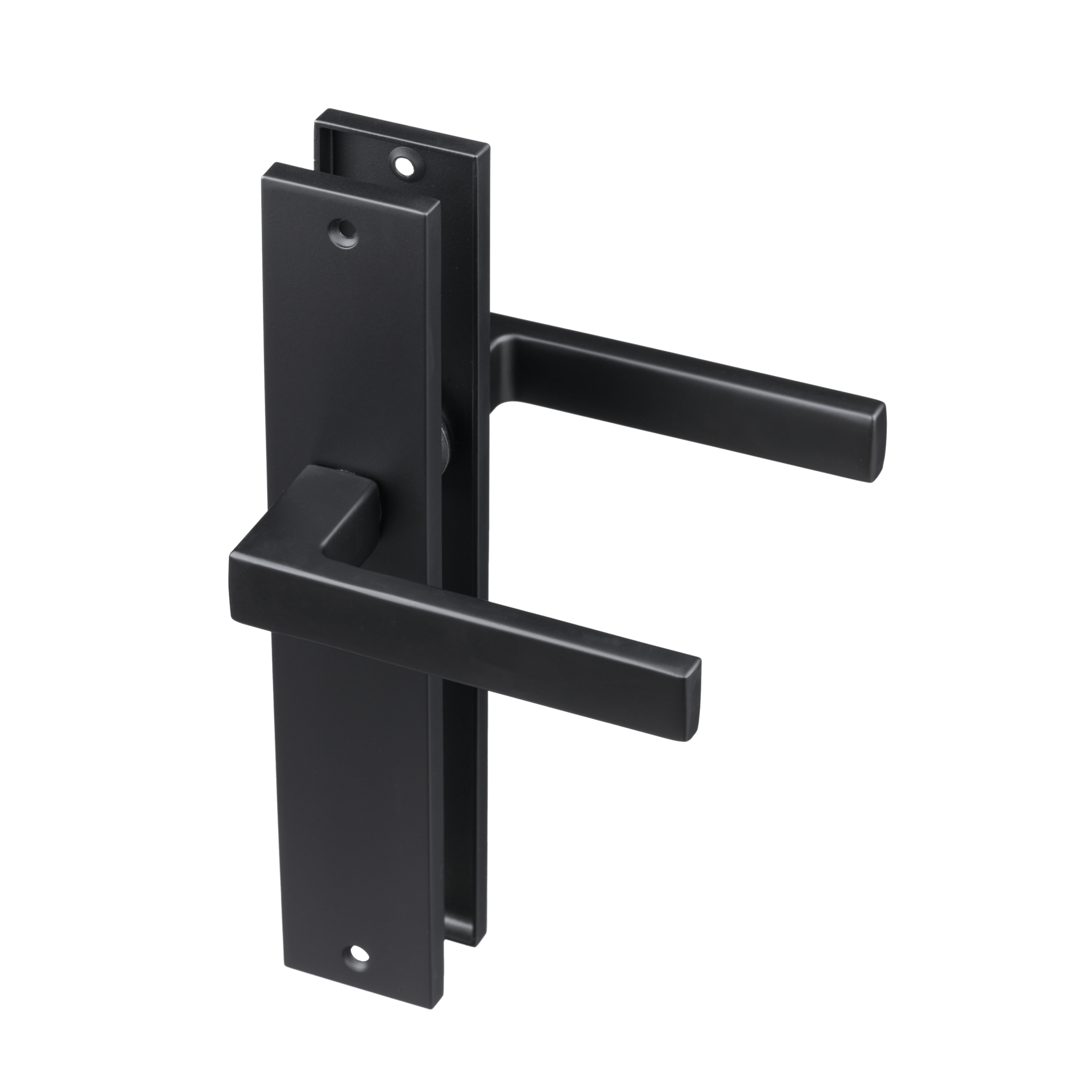 Mat zwarte Veneto deurklink op 245 mm vierkant schild voor moderne binnendeuren