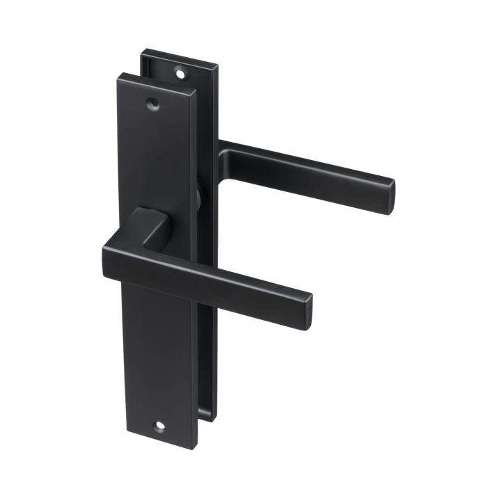 Mat zwarte Veneto deurklink op 245 mm vierkant schild voor moderne binnendeuren
