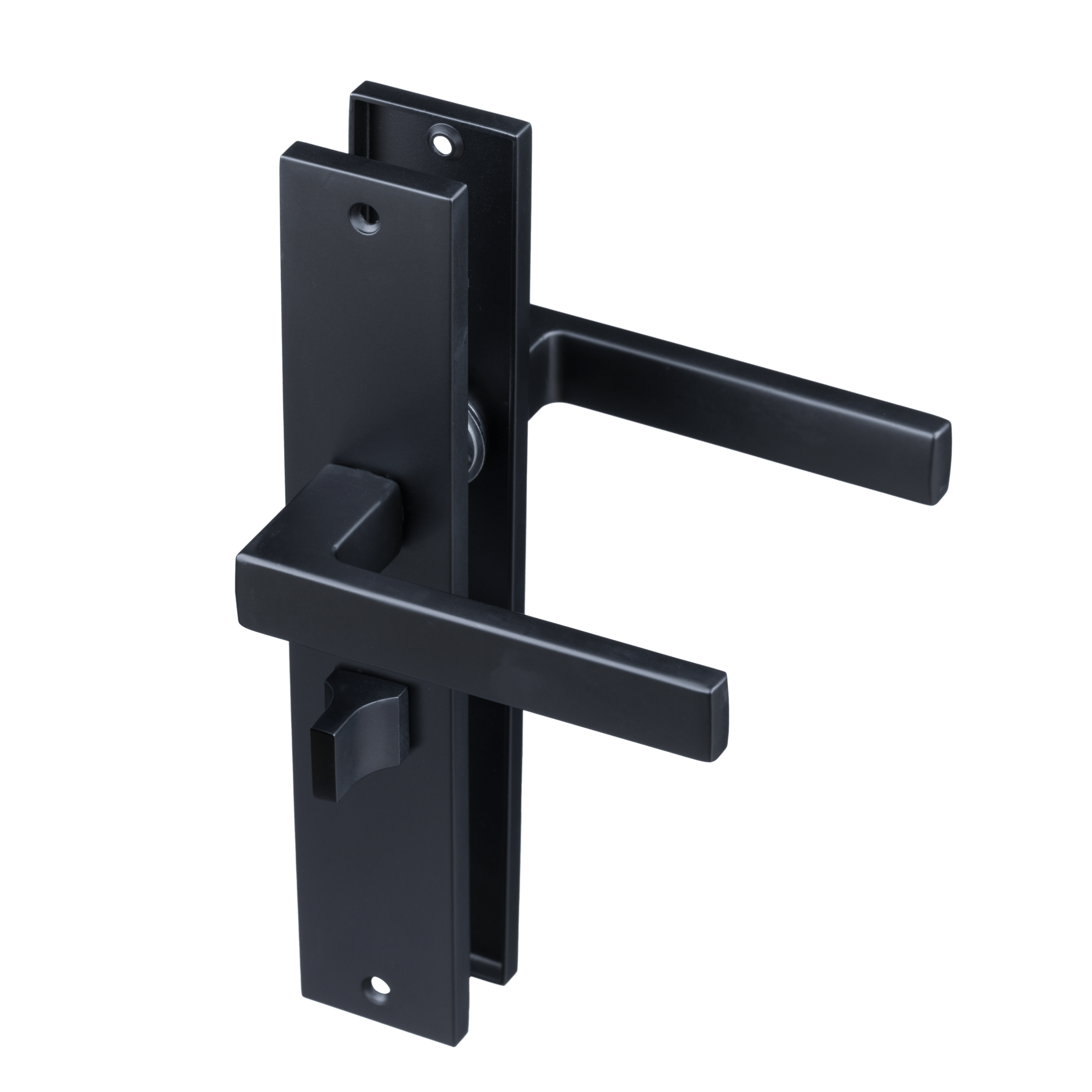 Lang schild mat zwart Veneto deurklink met geïntegreerd WC-slot hartafstand 63 mm